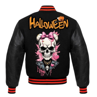 Black leather jacket with Halloween-themed design featuring a skull and pink bow on a white background.