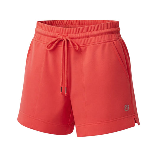Red shorts with a drawstring on a white background