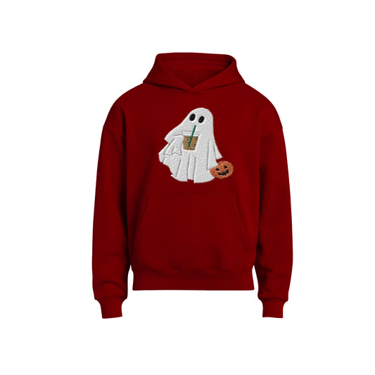 Red hoodie with a ghost design holding a drink and pumpkin on a white background
