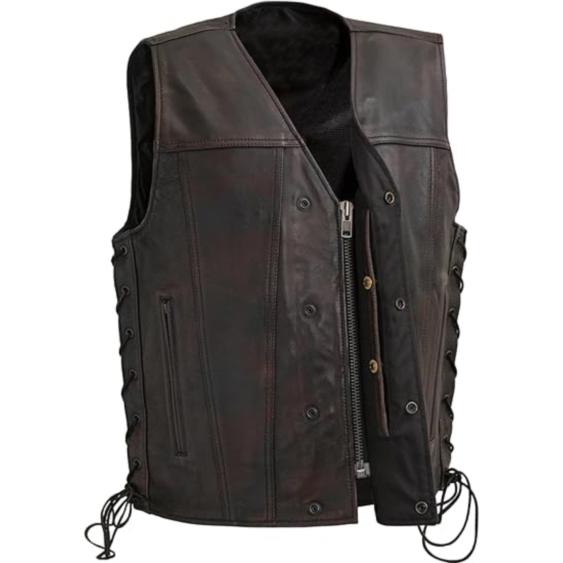 Brown leather vest with multiple pockets and zippers on a white background