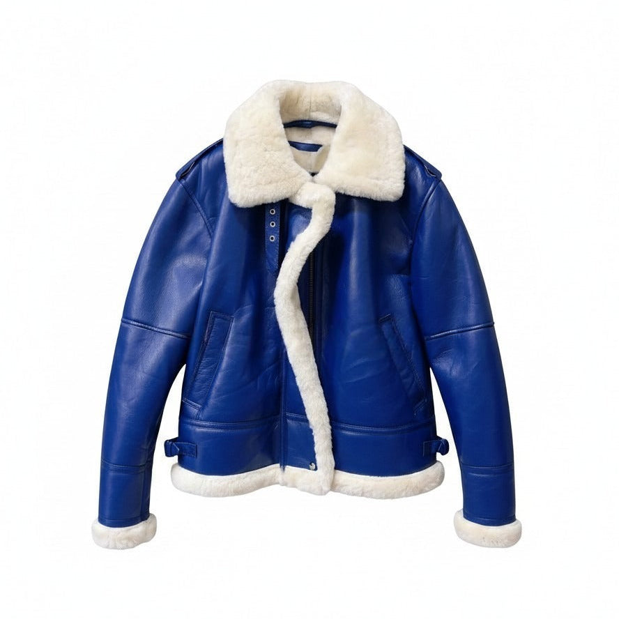 Blue leather jacket with white fur lining on a white background