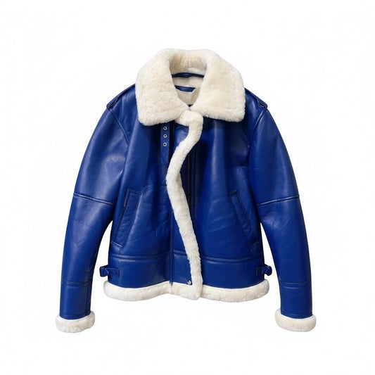 Blue leather jacket with white fur lining on a white background