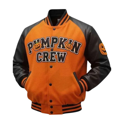 Orange and black varsity jacket with 'Pumpkin Crew' text and pumpkin graphics on a white background