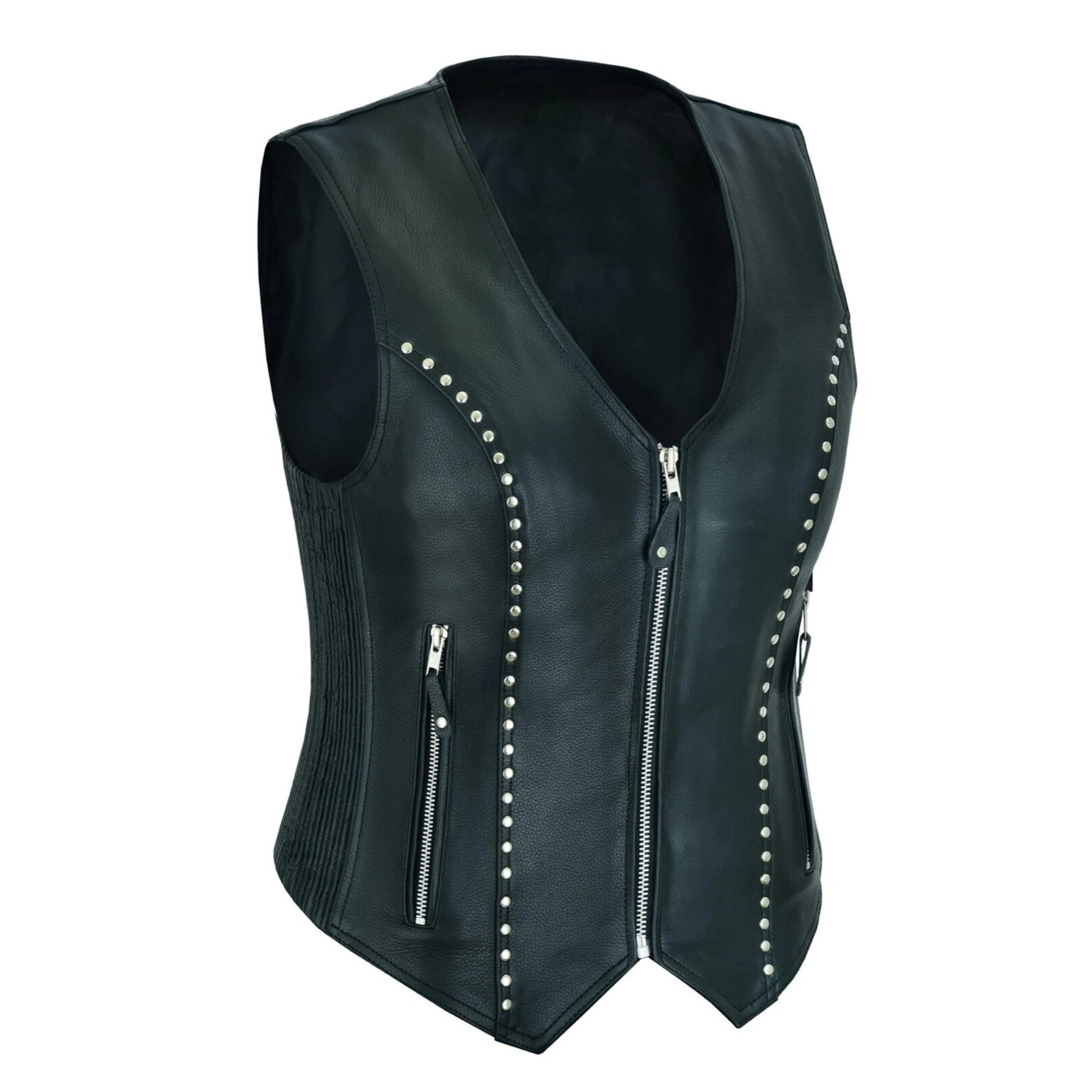 Black leather vest with silver studs and zippers on a white background