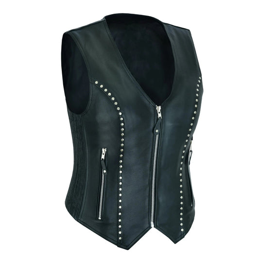 Black leather vest with silver studs and zippers on a white background