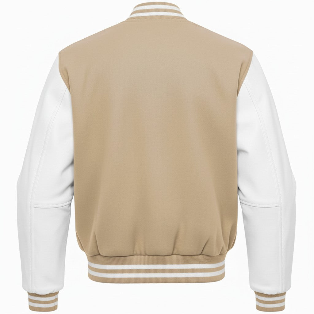 Beige and white varsity jacket on a white background