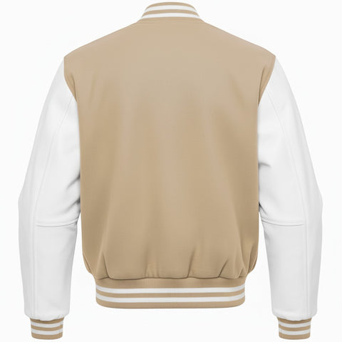 Beige and white varsity jacket on a white background