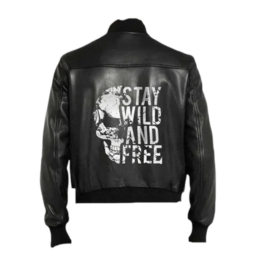 Black leather jacket with skull design and 'Stay Wild and Free' text on a white background