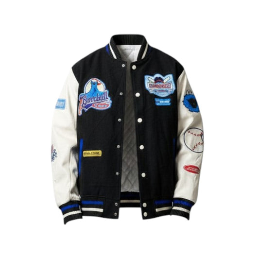 Black and white varsity jacket with multiple logos on a white background