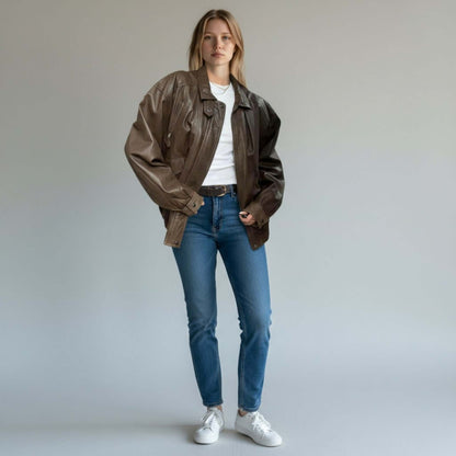 Genuine Brown Leather Vintage Bomber Jacket