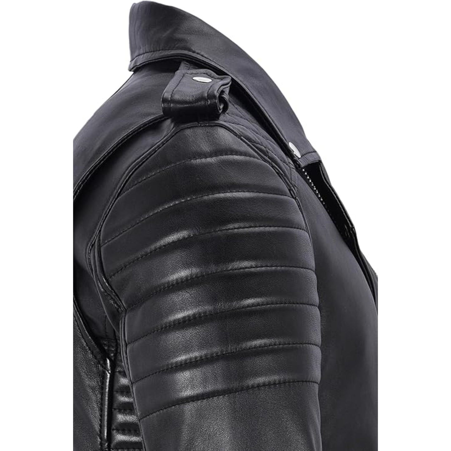 Black leather jacket with quilted design on a white background