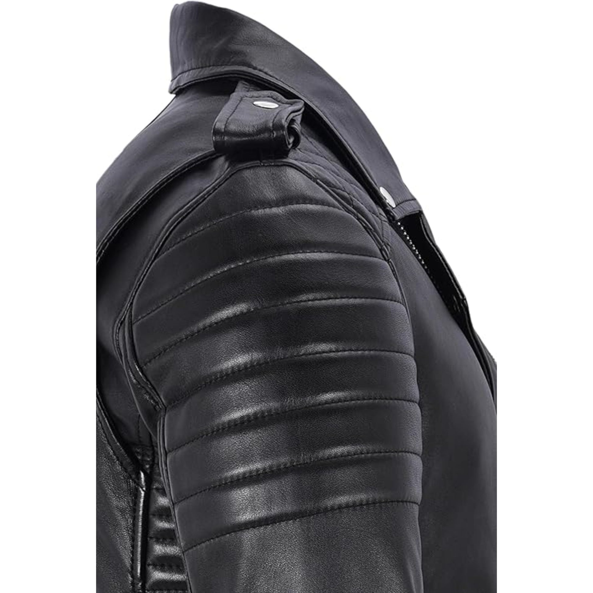 Black leather jacket with quilted design on a white background
