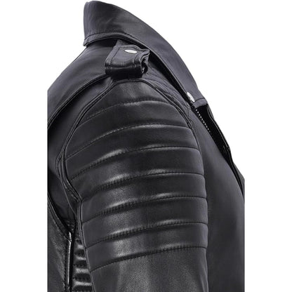 Black leather jacket with quilted design on a white background