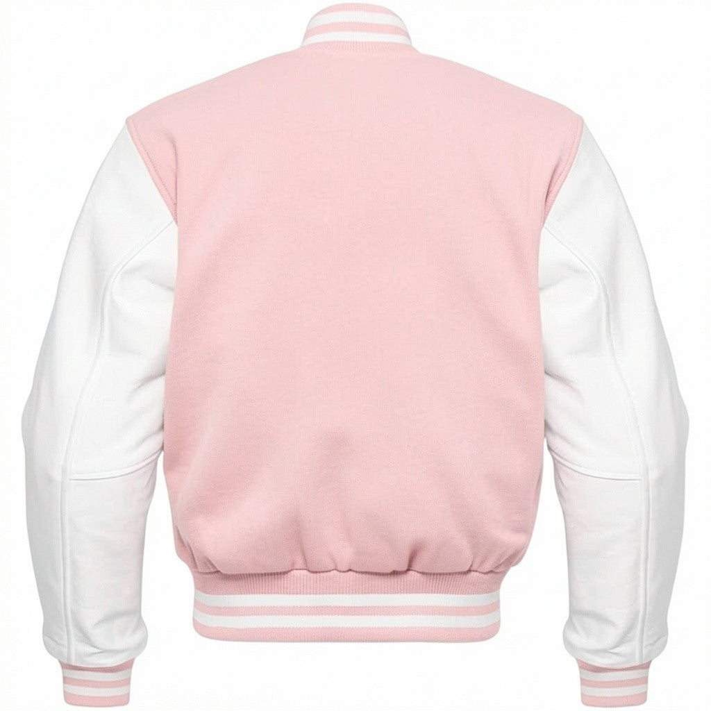 Pink and white varsity jacket on a white background