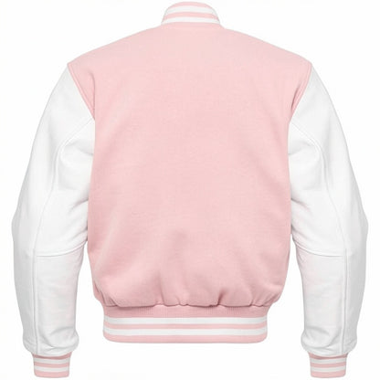 Pink and white varsity jacket on a white background