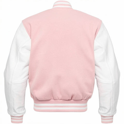 Pink and white varsity jacket on a white background