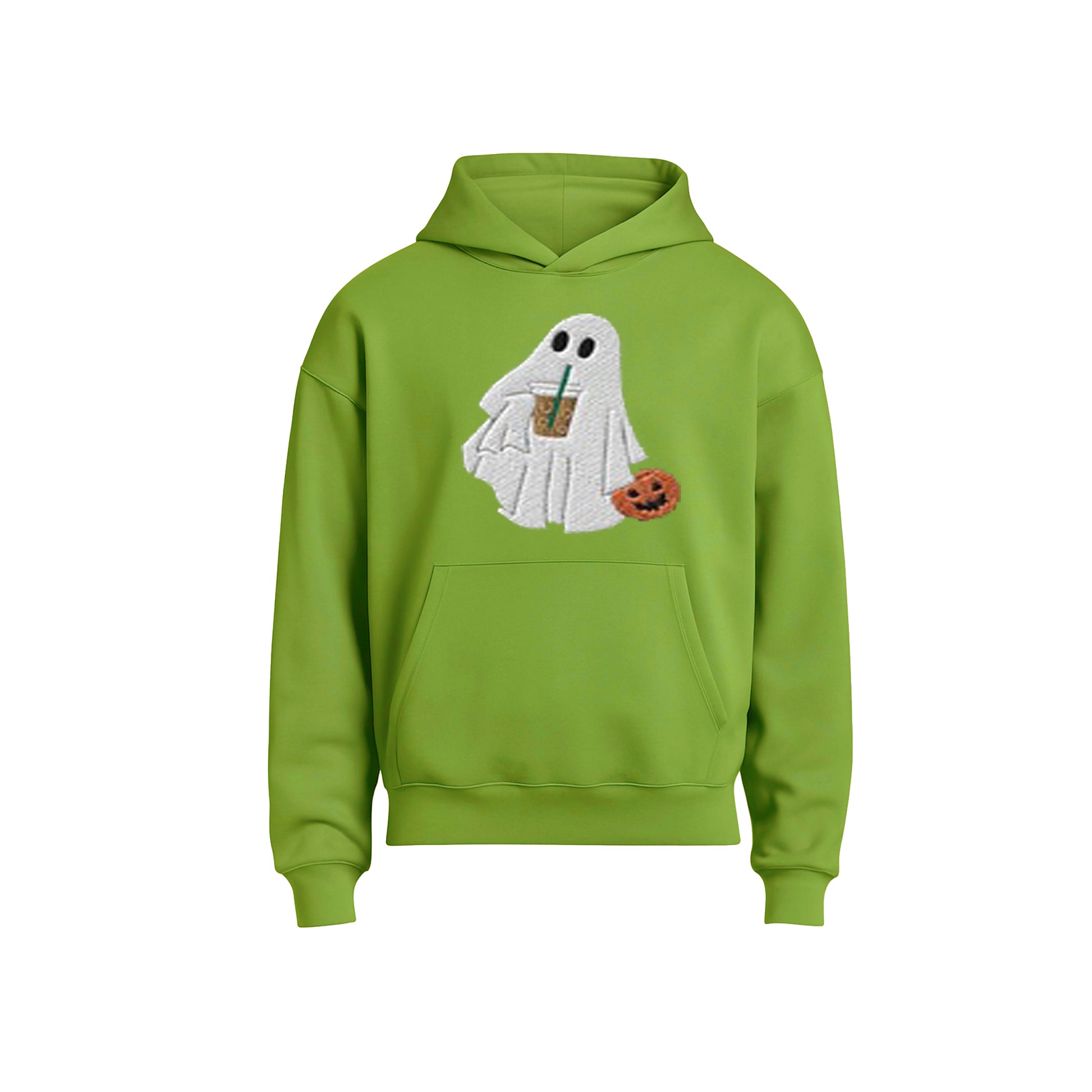 Green hoodie with ghost design holding a drink and pumpkin on a white background