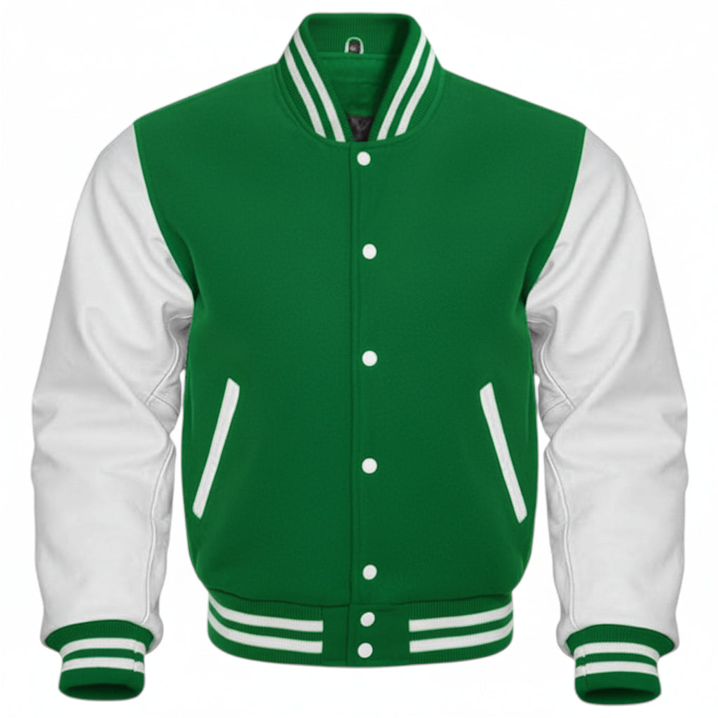 Green and white varsity jacket on a white background