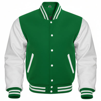 Men’s Classic Varsity Letterman Jacket Forest Green & White Bomber