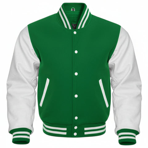 Green and white varsity jacket on a white background