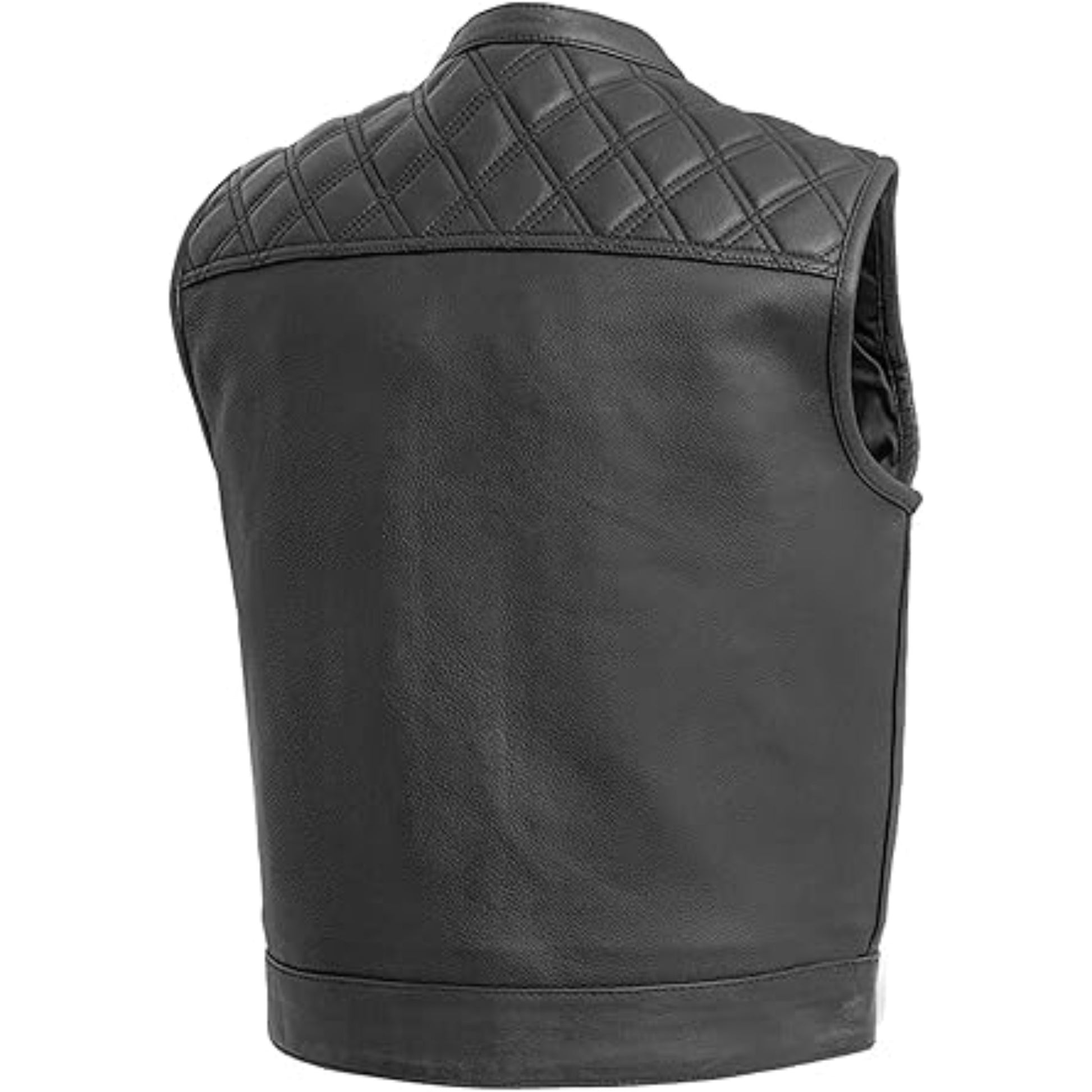 Black leather vest with quilted shoulder design on a white background