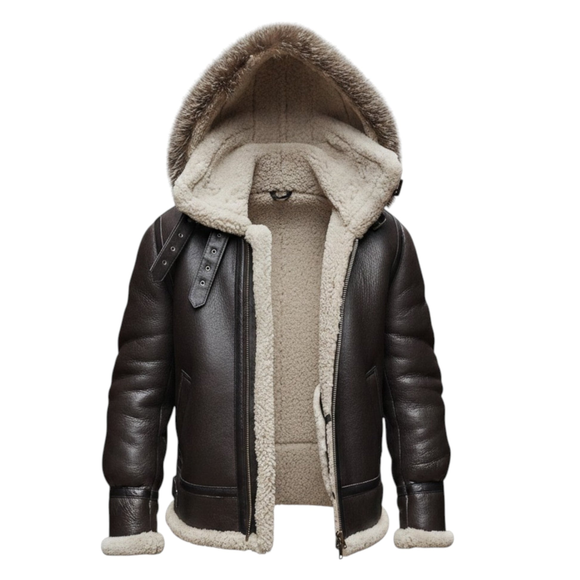 Brown leather jacket with fur-lined hood on a white background