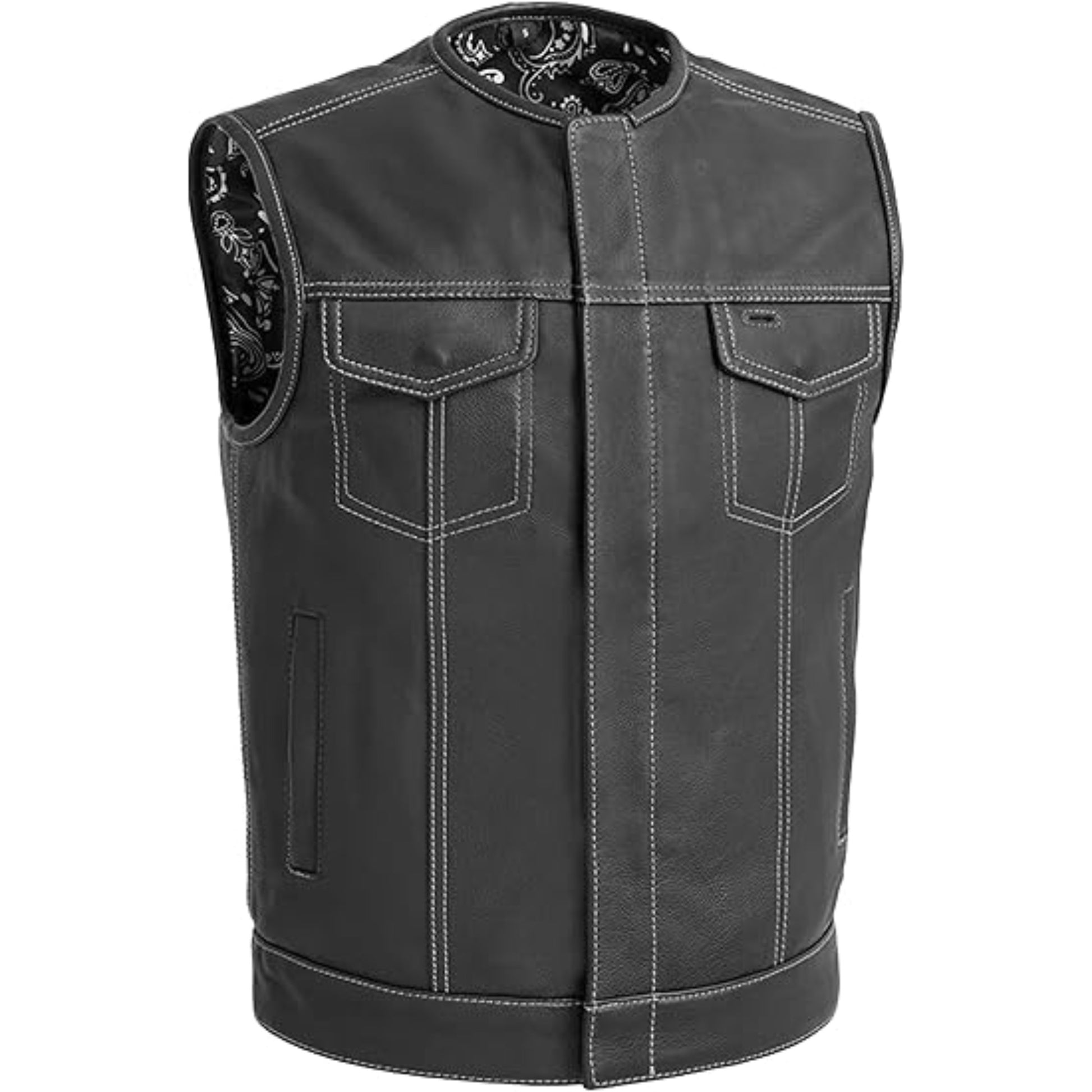 Black leather vest with decorative back panel on a white background