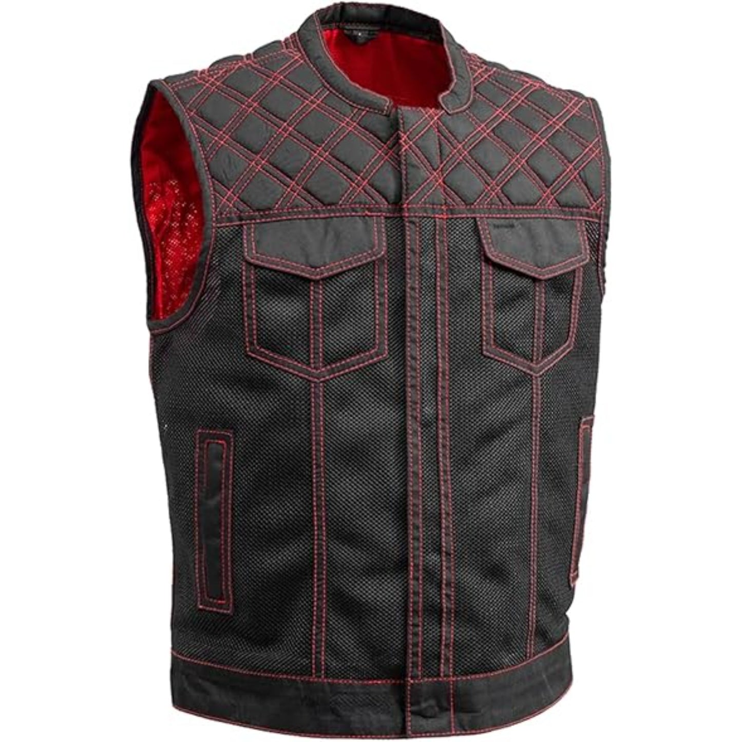 Black quilted vest with red stitching on a white background