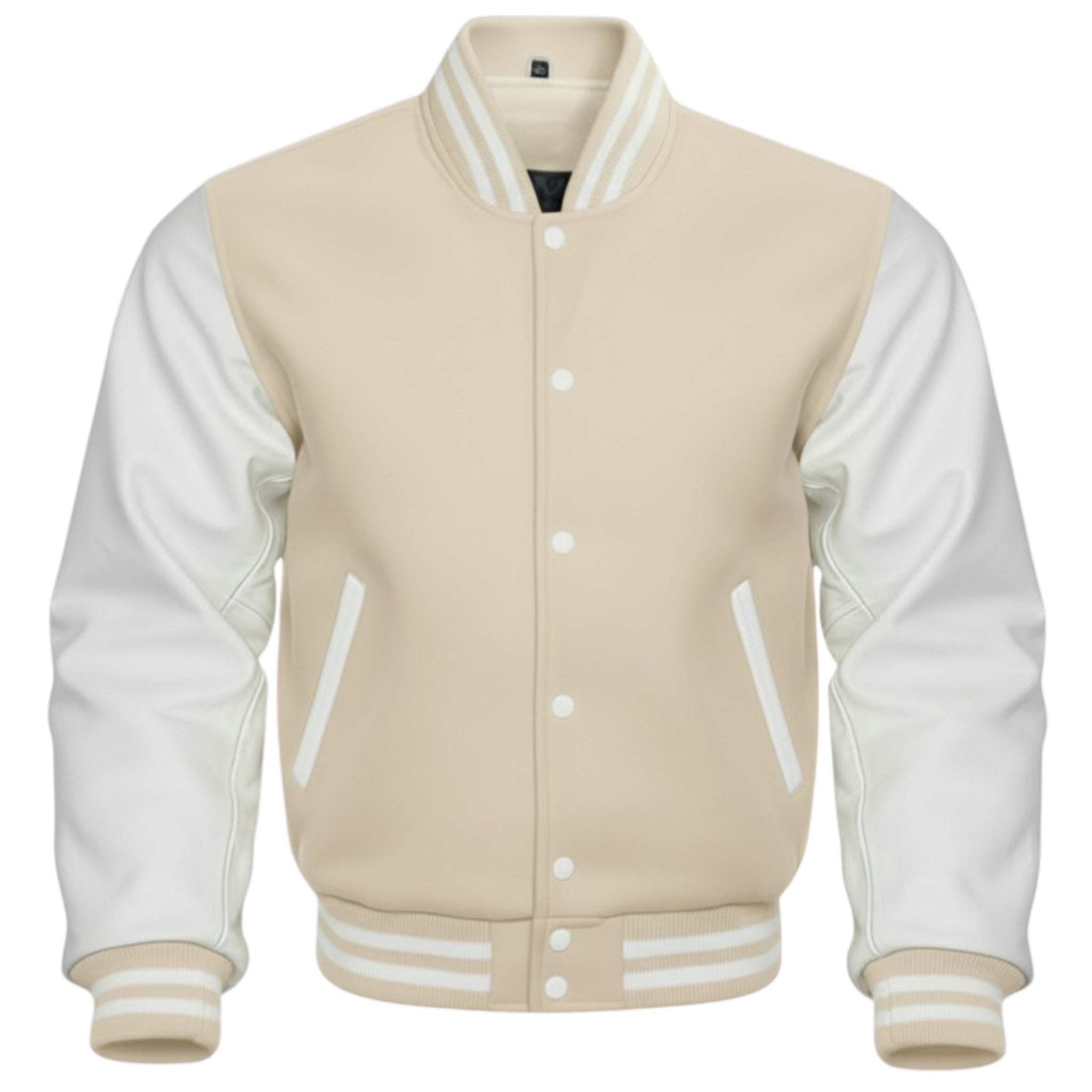 Beige and white varsity jacket on a white background