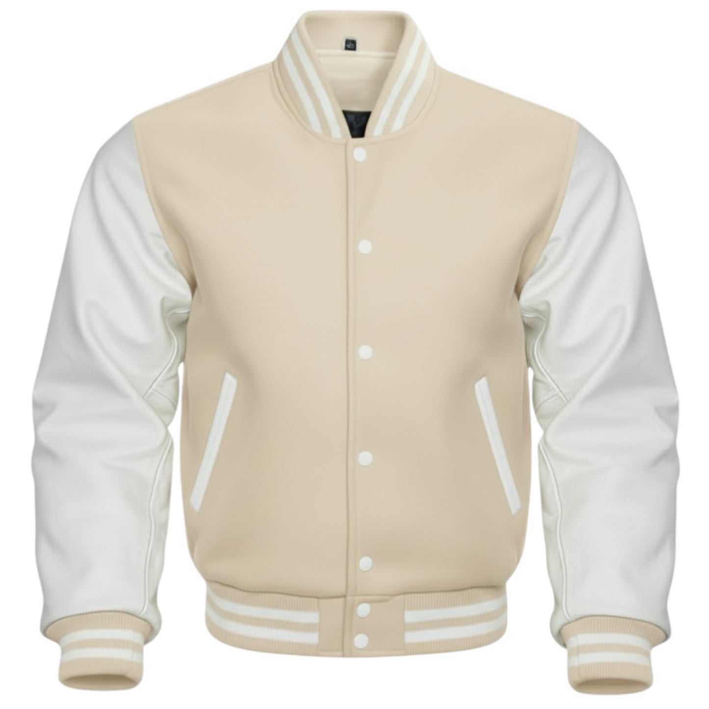 Beige and white varsity jacket on a white background