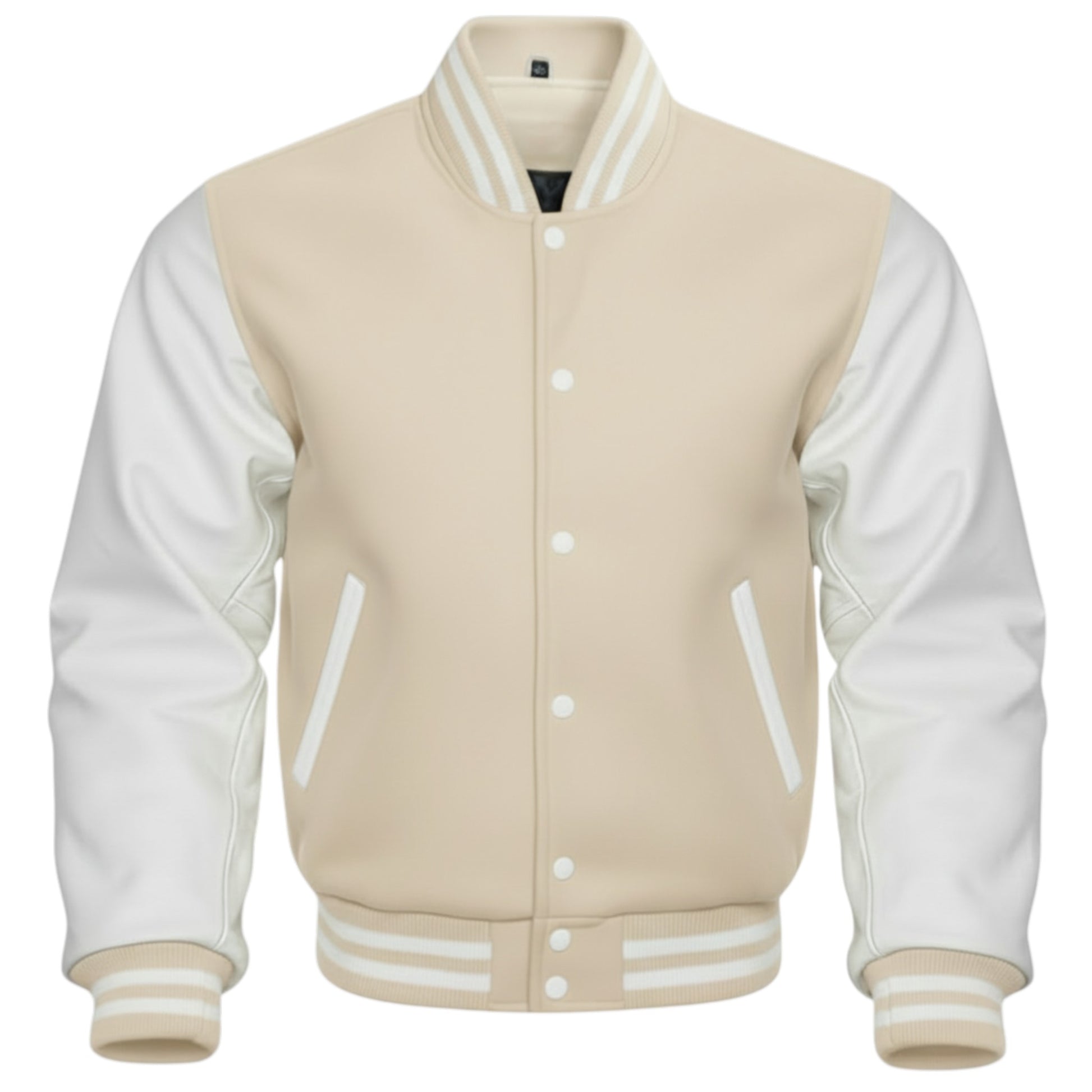 Beige and white varsity jacket on a white background