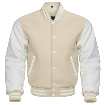 Beige and white varsity jacket on a white background