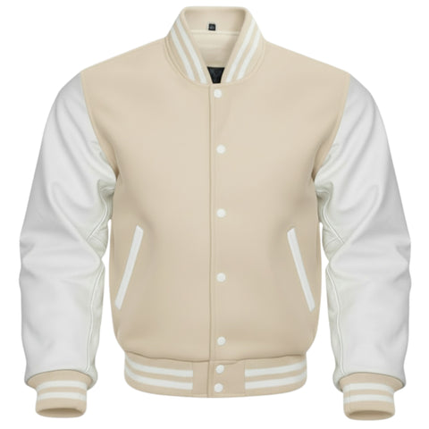 Beige and white varsity jacket on a white background