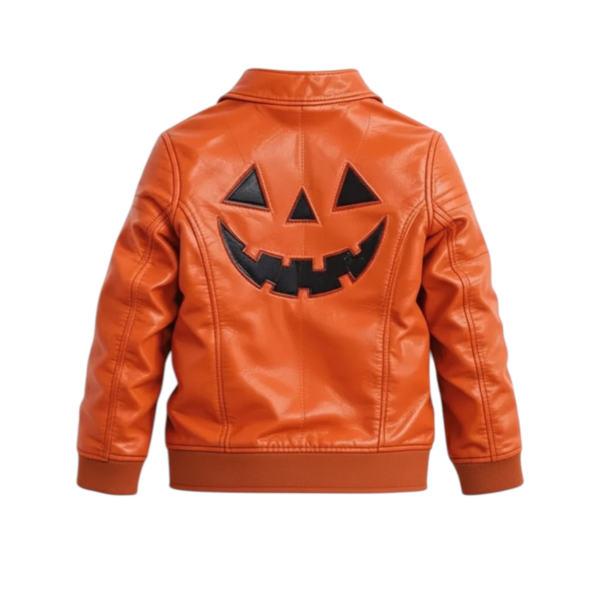 Orange leather jacket with a jack-o'-lantern face design on a white background