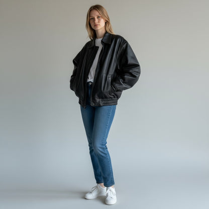 Woman wearing a black jacket, white shirt, blue jeans, and white sneakers against a plain background