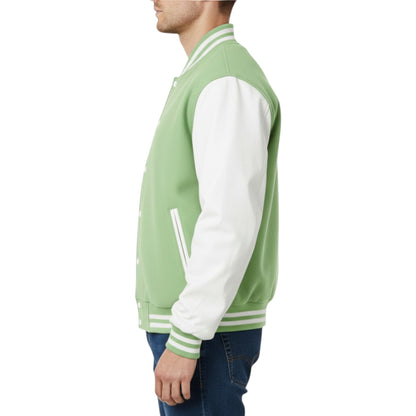 Green and white varsity jacket worn by a person on a white background