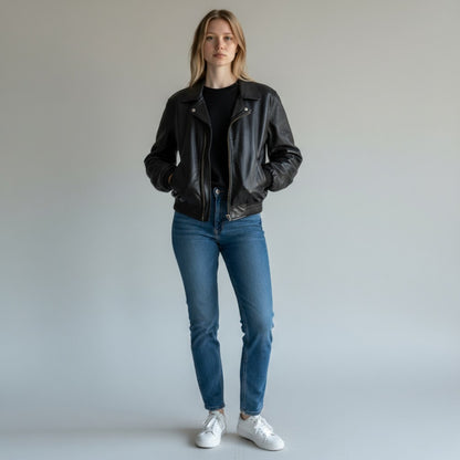 Classic Women Vintage Leather Bomber Oversize Jacket