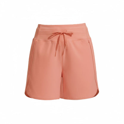 Peach-colored shorts with a drawstring on a white background