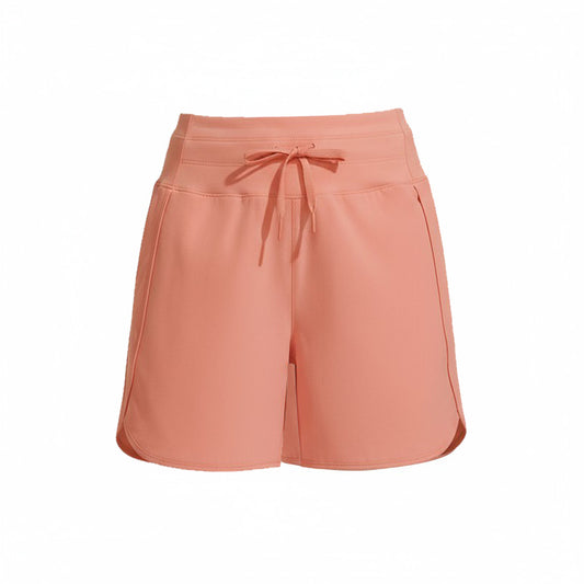 Peach-colored shorts with a drawstring on a white background