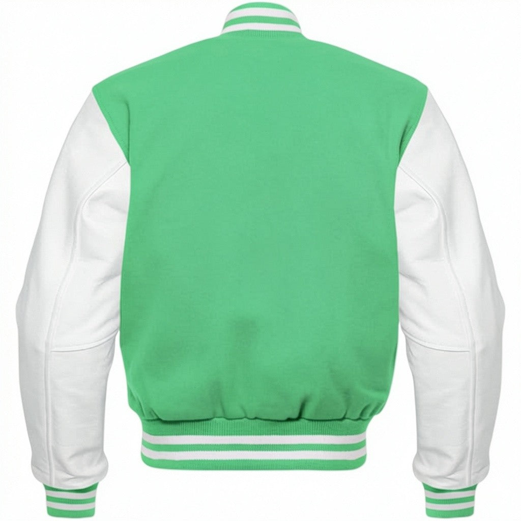 Green and white varsity jacket on a white background