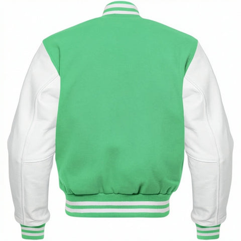 Green and white varsity jacket on a white background