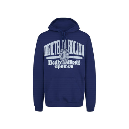Blue hoodie with white text and graphics on a white background