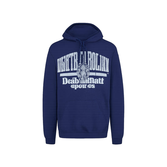 Blue hoodie with white text and graphics on a white background