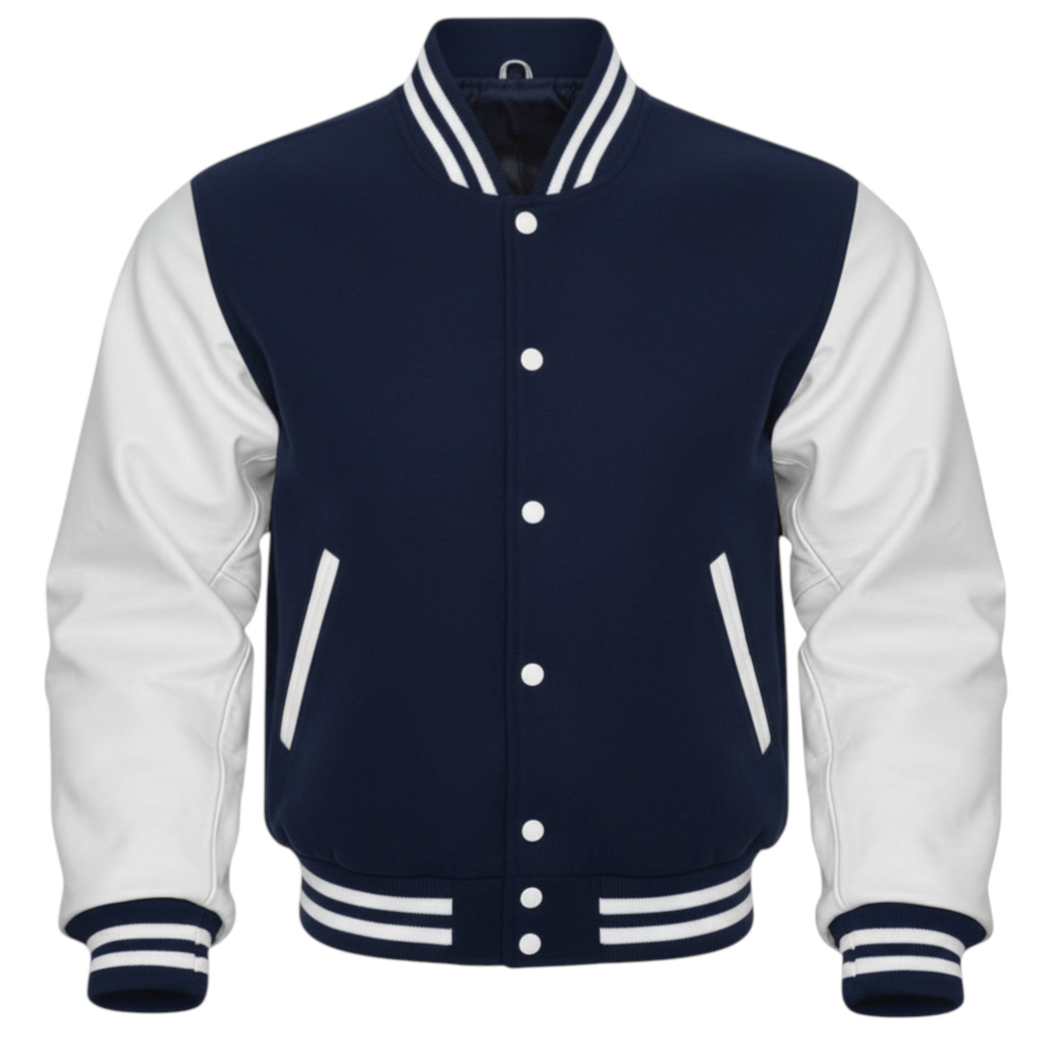 Navy and white varsity jacket on a white background