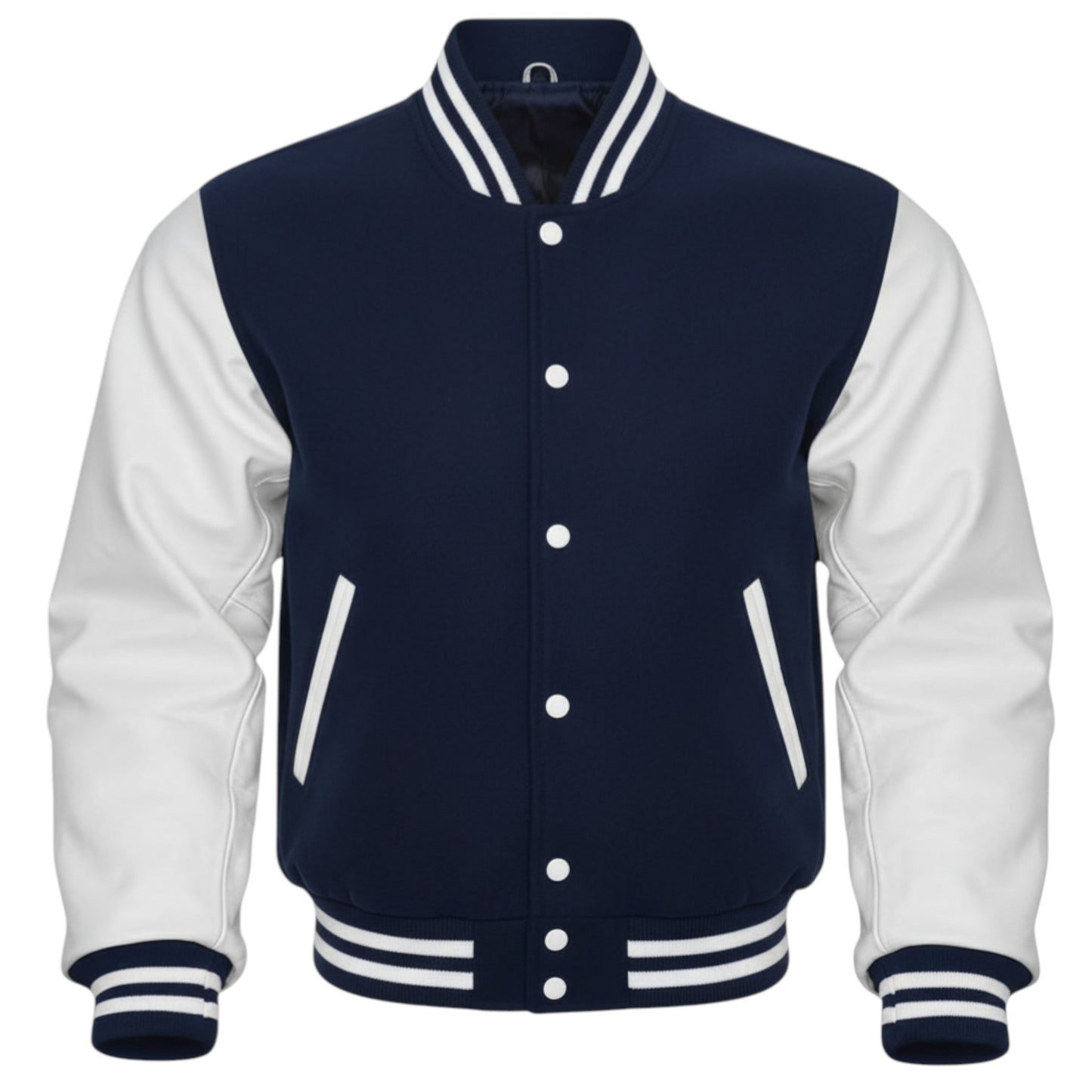 Navy Blue and White Striped Trim Varsity Letterman Bomber Jacket