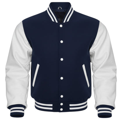 Navy Blue and White Striped Trim Varsity Letterman Bomber Jacket