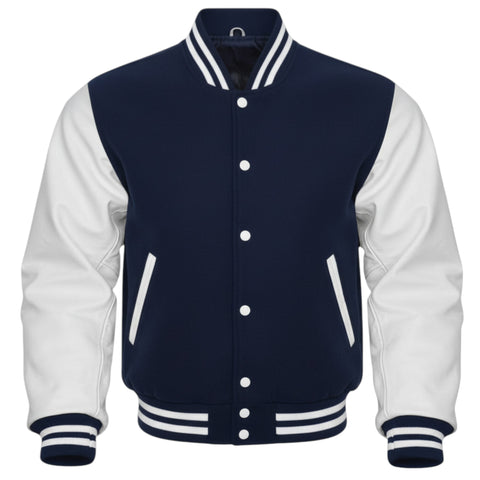 Navy and white varsity jacket on a white background