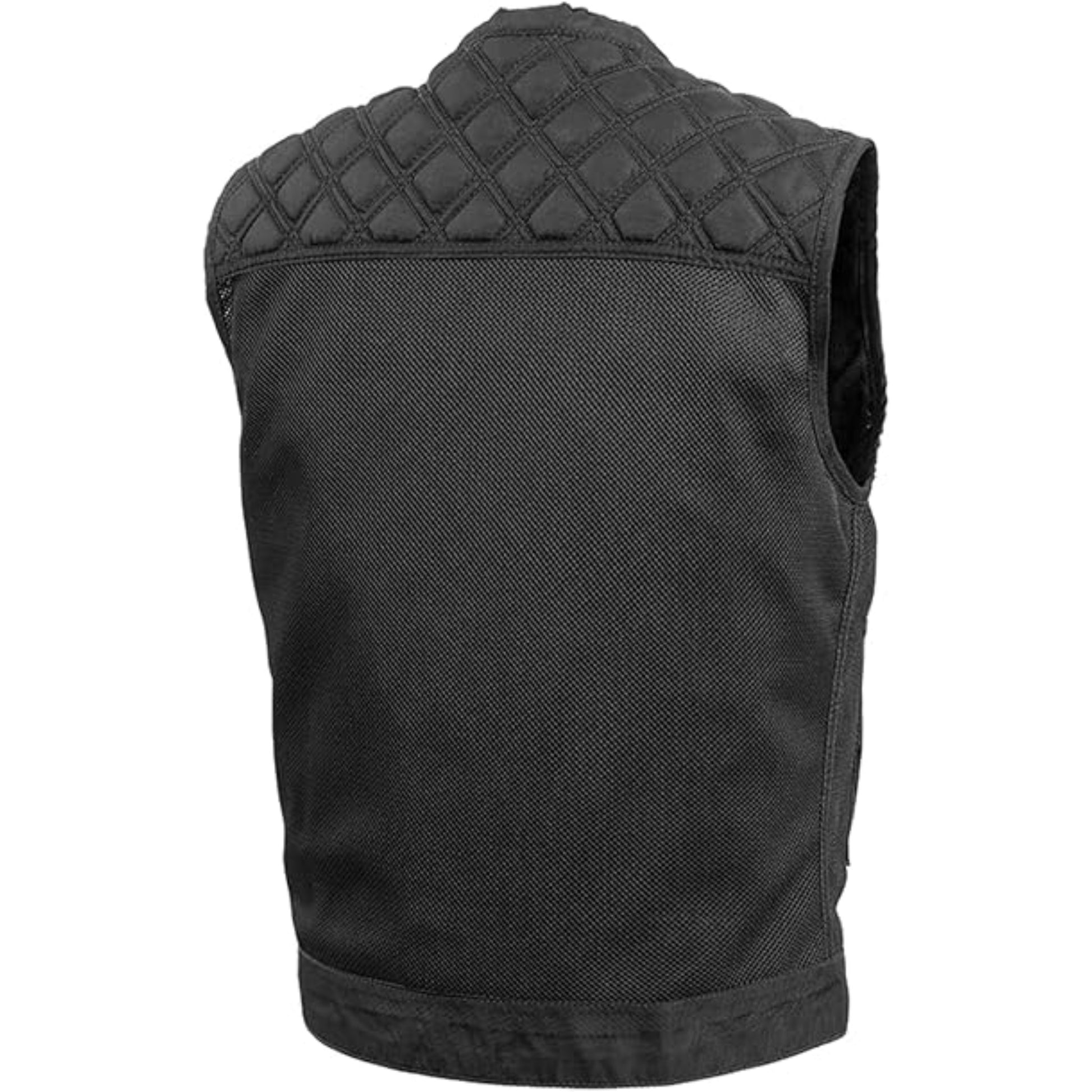 Black quilted vest on a white background