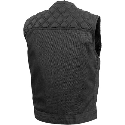 Black quilted vest on a white background