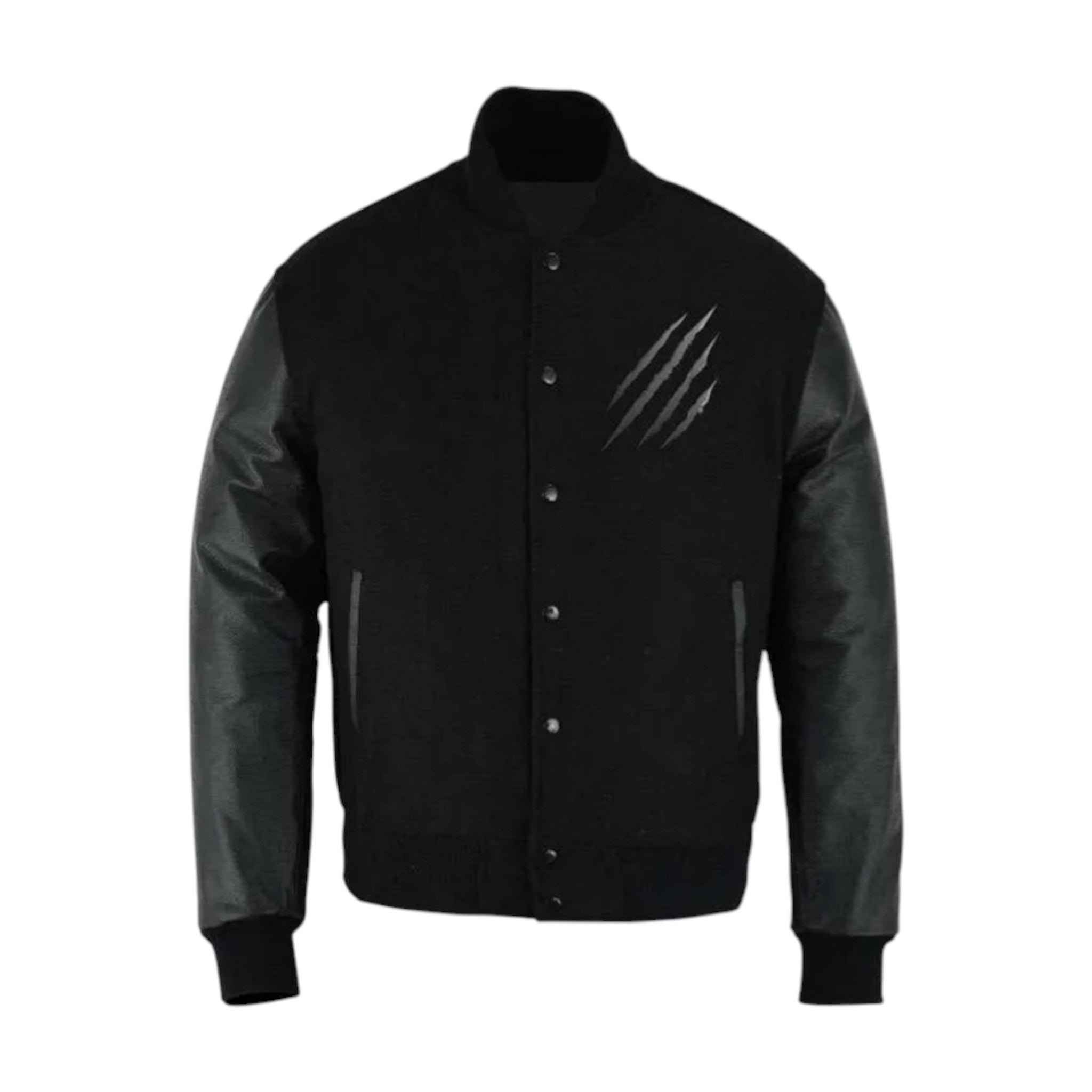 Black varsity jacket with a visible scratch on a white background